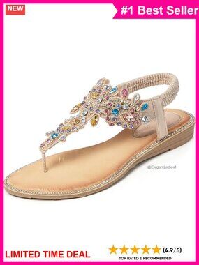 Women Flat Thong Sandals Rhinestone Sparkly Boho Elastic Ankle Strap